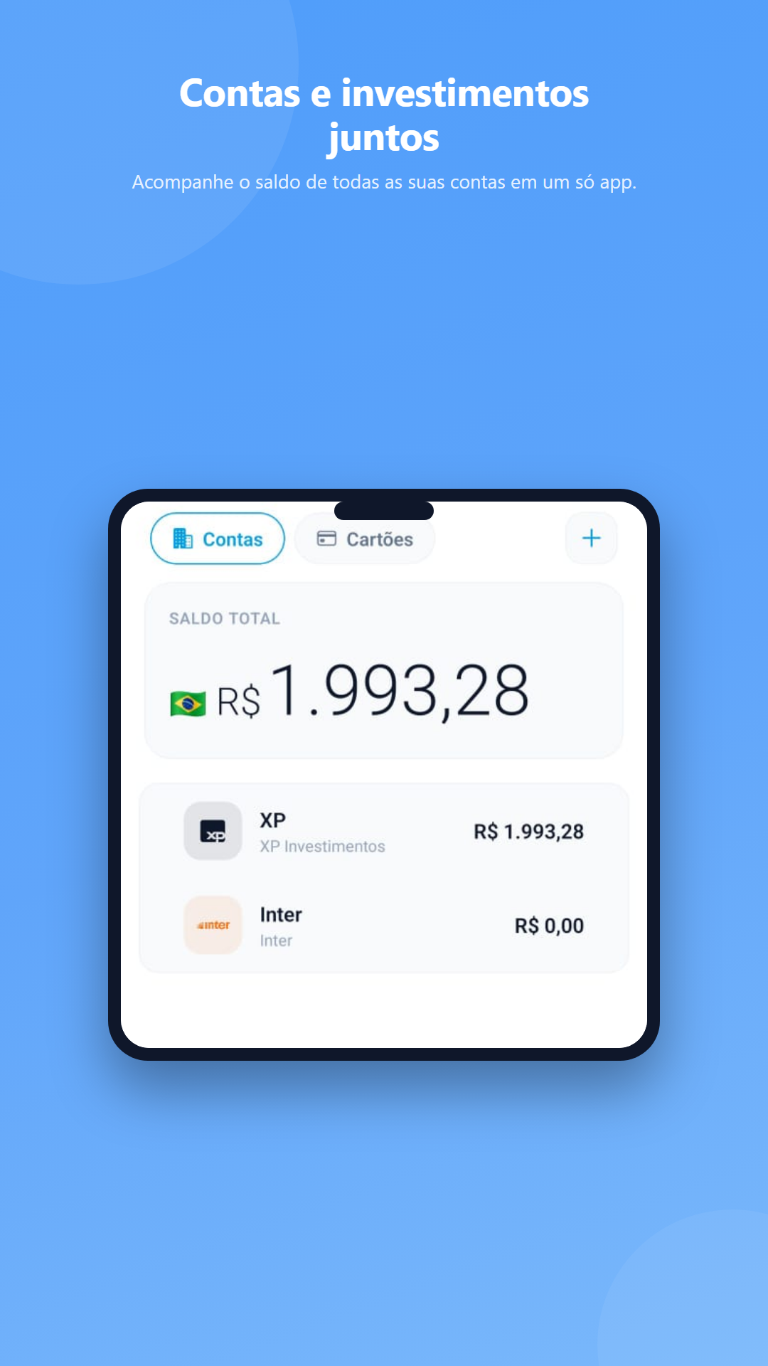 Tela de contas do app CDF Finance mostrando saldo total e contas conectadas