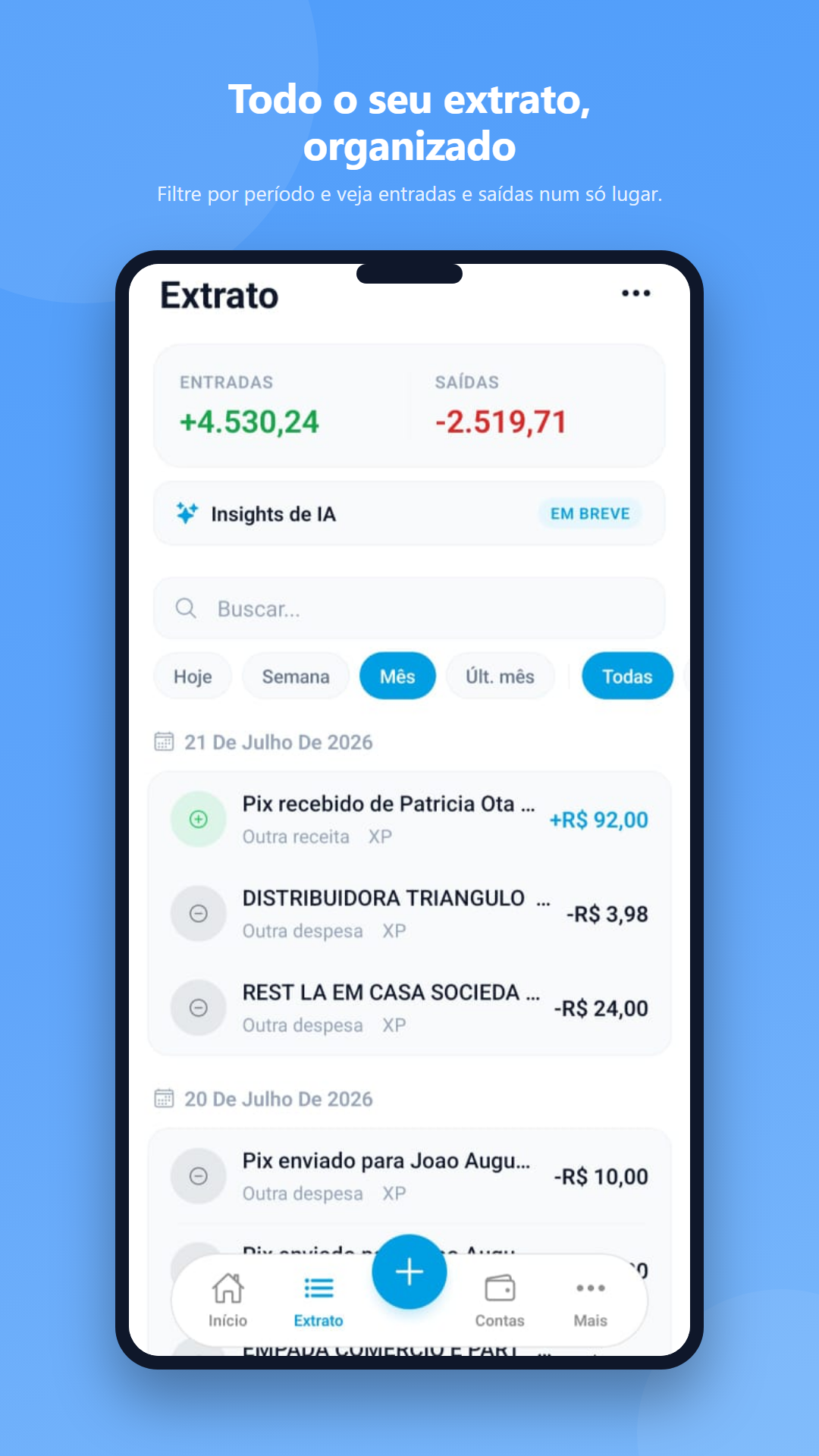 Tela de extrato do app CDF Finance com entradas, saídas e filtros por período